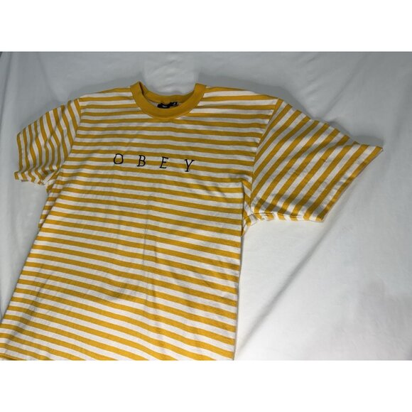 OBEY Men’s Striped Logo TEE Shirt Yellow White Short Sleeve - Picture 2 of 9